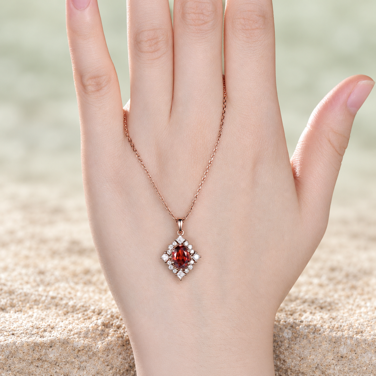Oval Red Garnet Halo Pendant Necklace — detail 3