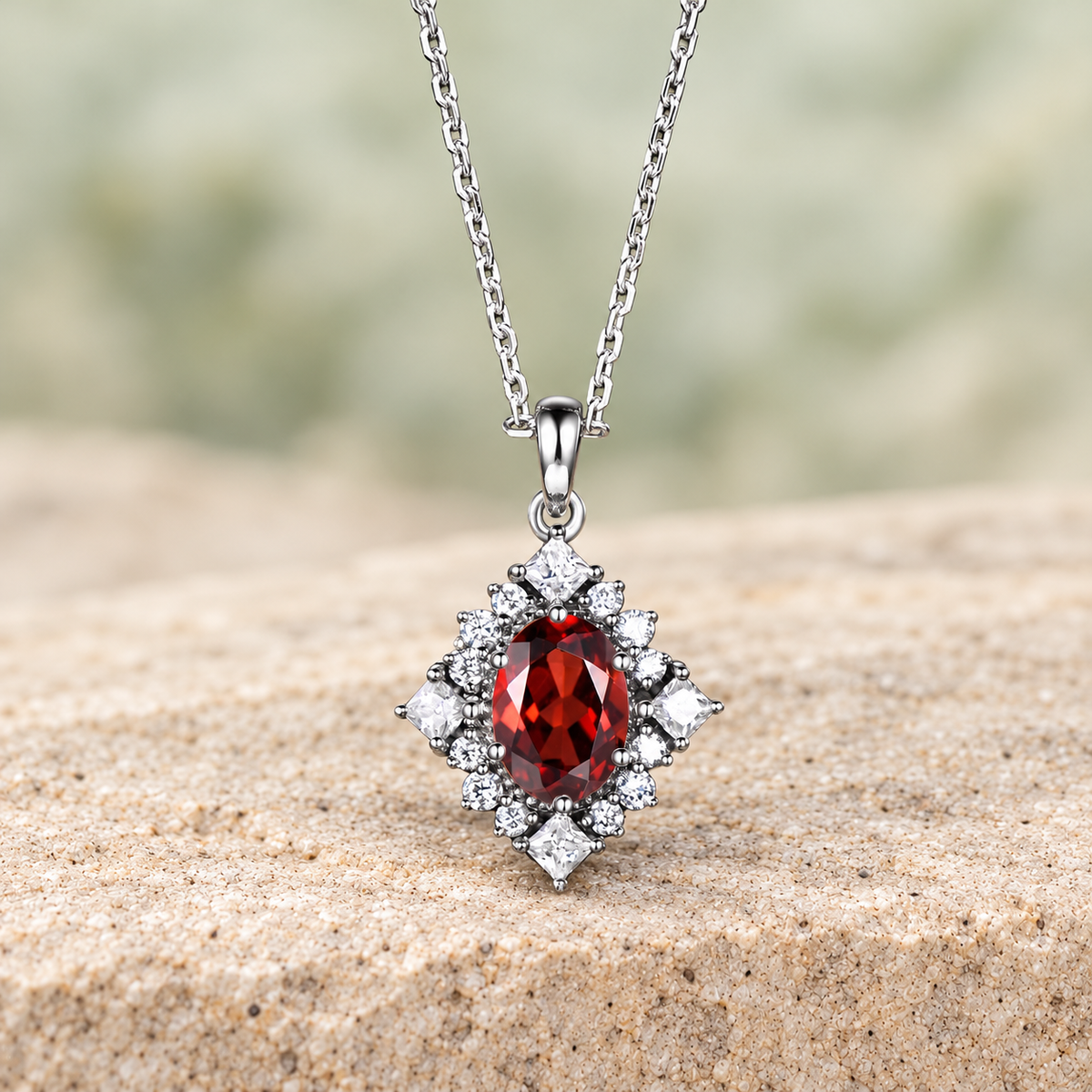Oval Red Garnet Halo Pendant Necklace — detail 4
