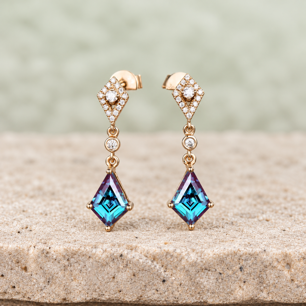 Kite Alexandrite Halo Drop Earrings — front view