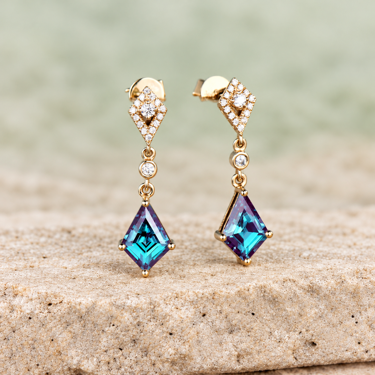 Kite Alexandrite Halo Drop Earrings — detail 2