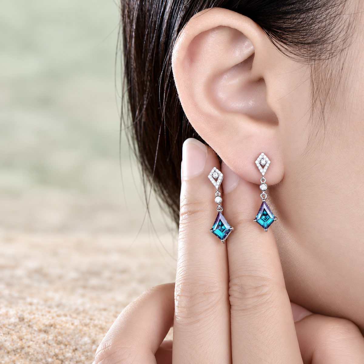 Kite Alexandrite Halo Drop Earrings — detail 4