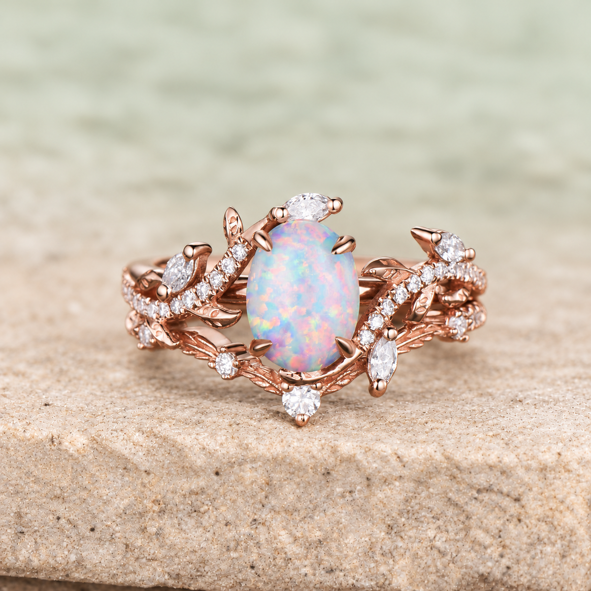 Oval White Opal Leaf Half-Eternity Bridal Ring Set — front view