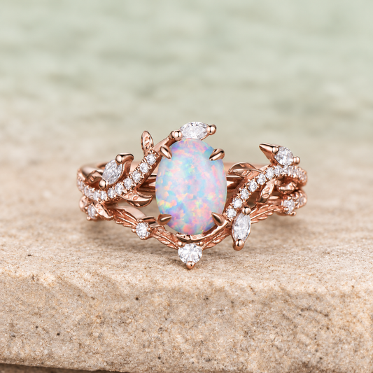 Oval White Opal Leaf Half-Eternity Bridal Ring Set — front view