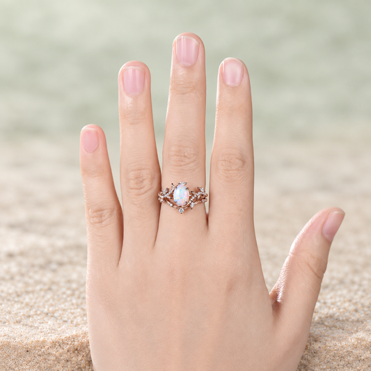 Oval White Opal Leaf Half-Eternity Bridal Ring Set — detail 2