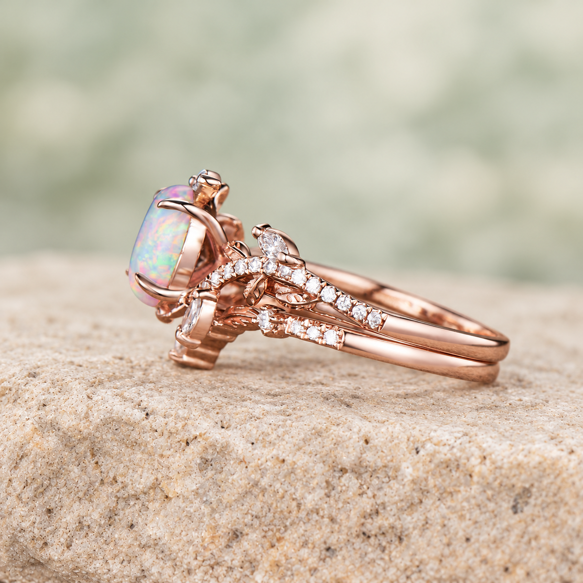 Oval White Opal Leaf Half-Eternity Bridal Ring Set — detail 3