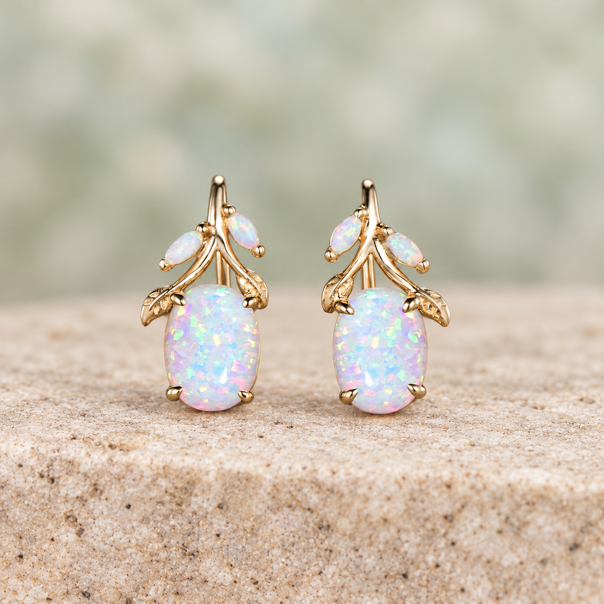 HERRINA Oval White Opal Leaf Drop Earrings, view 1