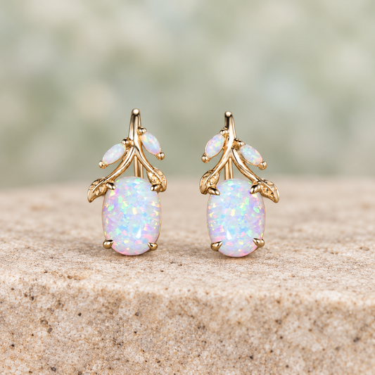 HERRINA Oval White Opal Leaf Drop Earrings, view 1