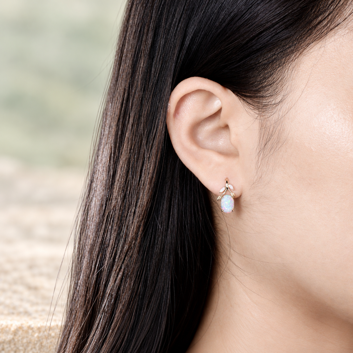 HERRINA Oval White Opal Leaf Drop Earrings, view 2