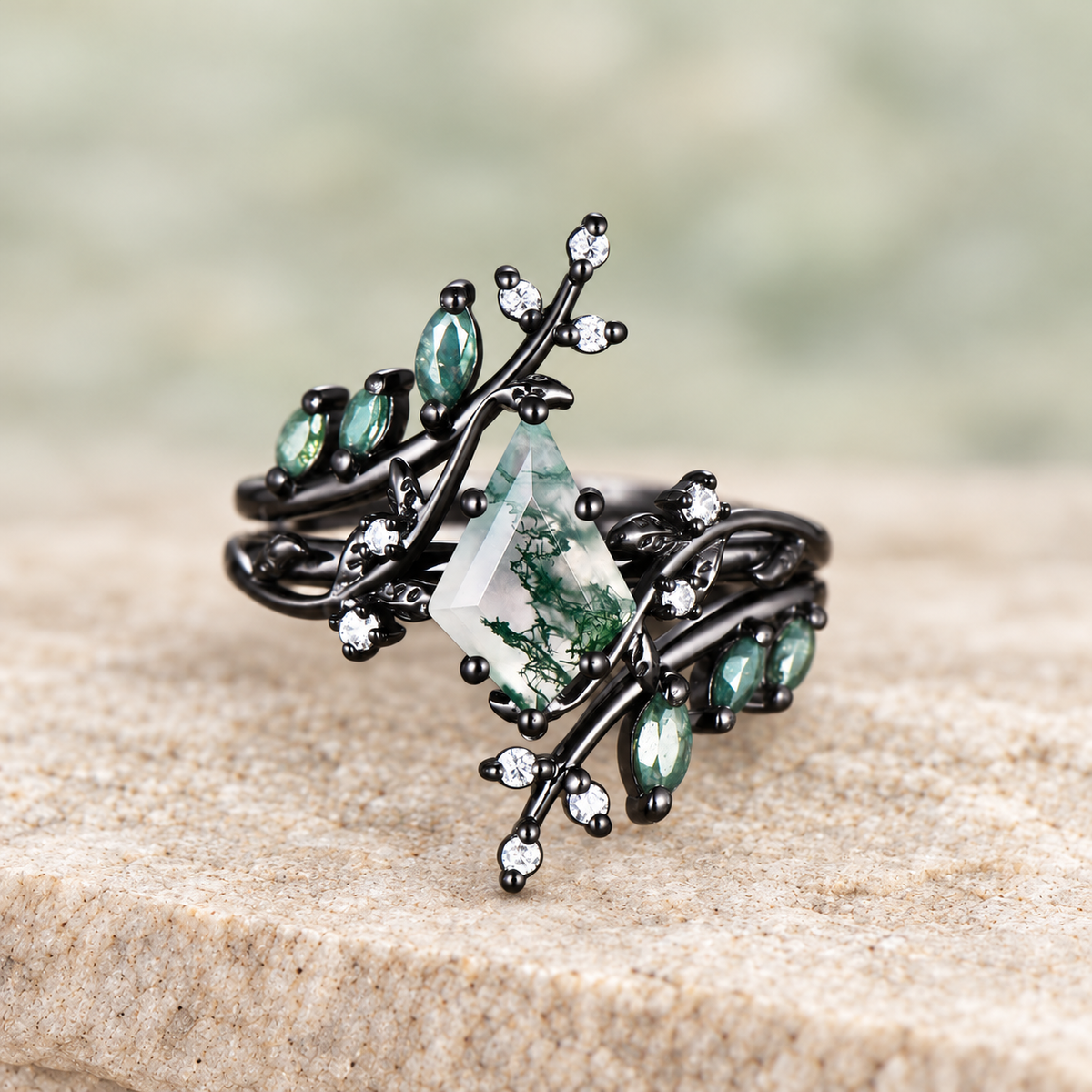 Kite Moss Agate Twig Bridal Ring Set — front view
