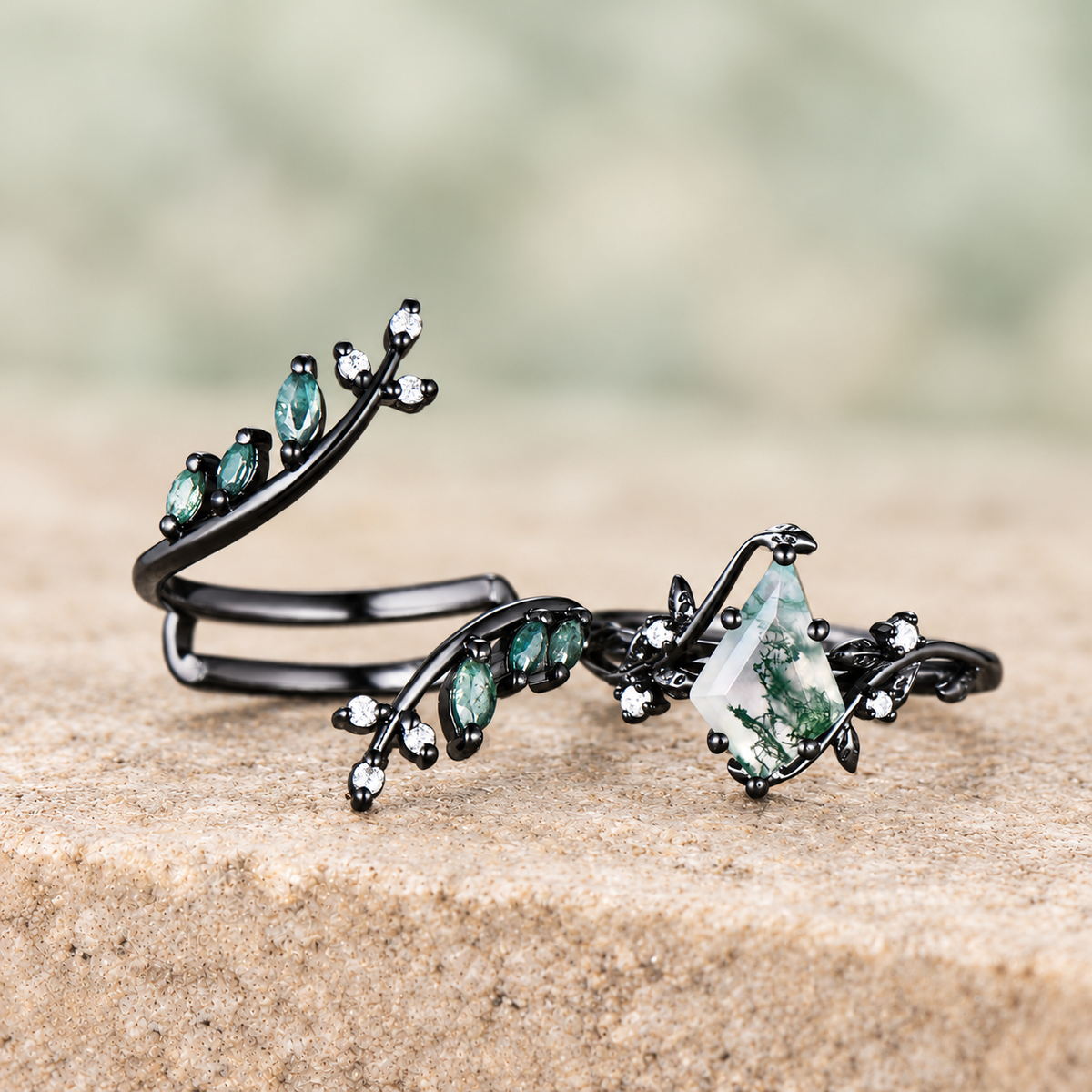 Kite Moss Agate Twig Bridal Ring Set — detail 2