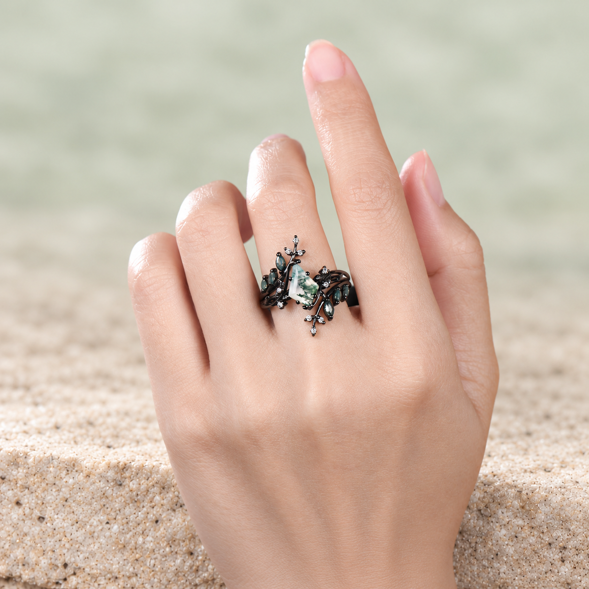 Kite Moss Agate Twig Bridal Ring Set — detail 3