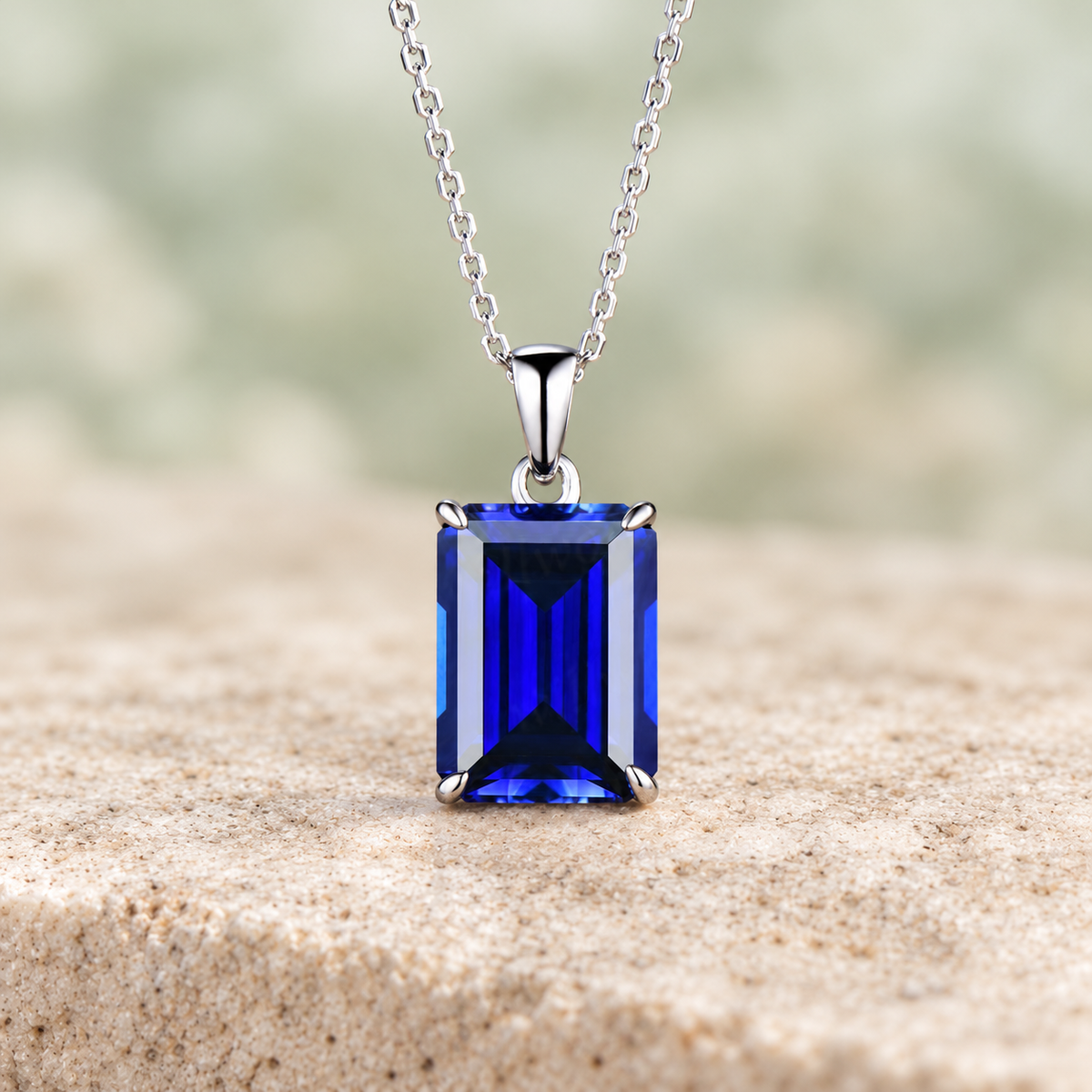 Emerald-Cut Blue Sapphire Pendant Necklace — front view