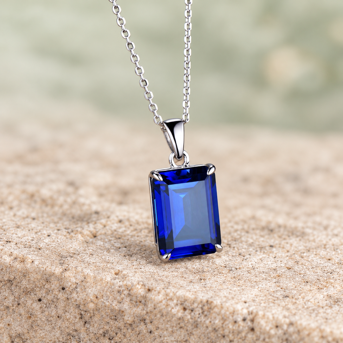 Emerald-Cut Blue Sapphire Pendant Necklace — detail 2