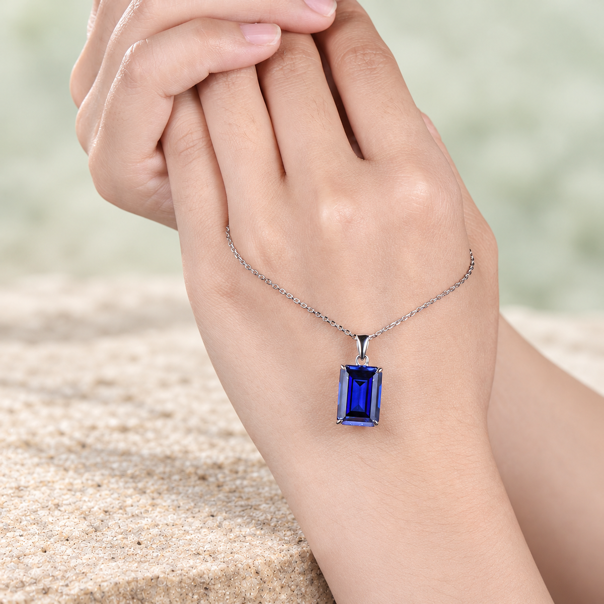 Emerald-Cut Blue Sapphire Pendant Necklace — detail 3