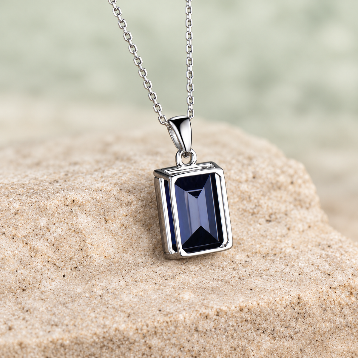 Emerald-Cut Blue Sapphire Pendant Necklace — detail 4
