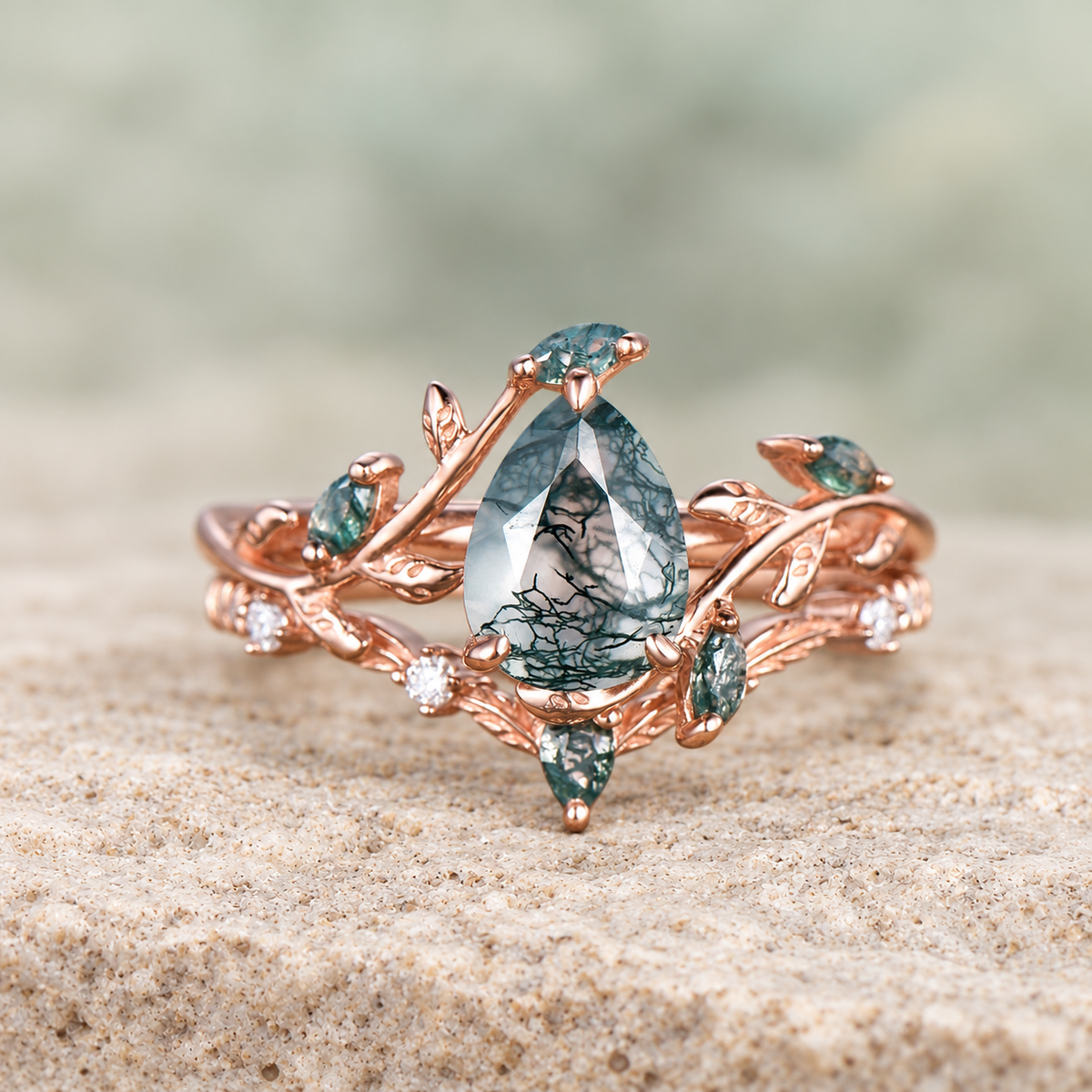 HERRINA Pear Moss Agate Leaf Bridal Ring Set, view 1