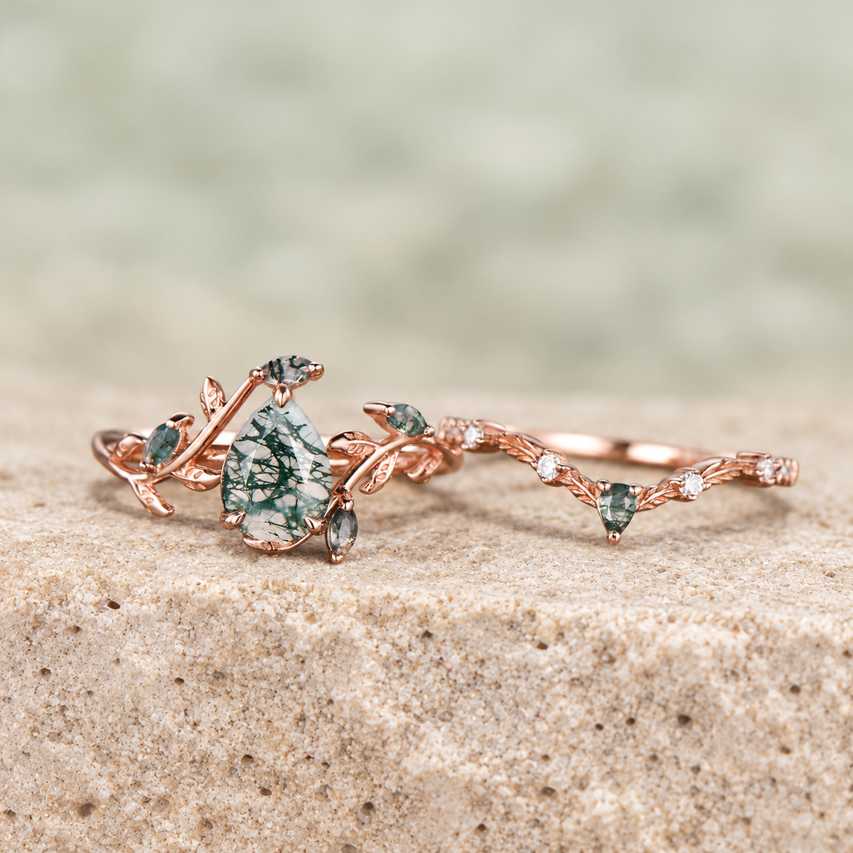 HERRINA Pear Moss Agate Leaf Bridal Ring Set, view 2