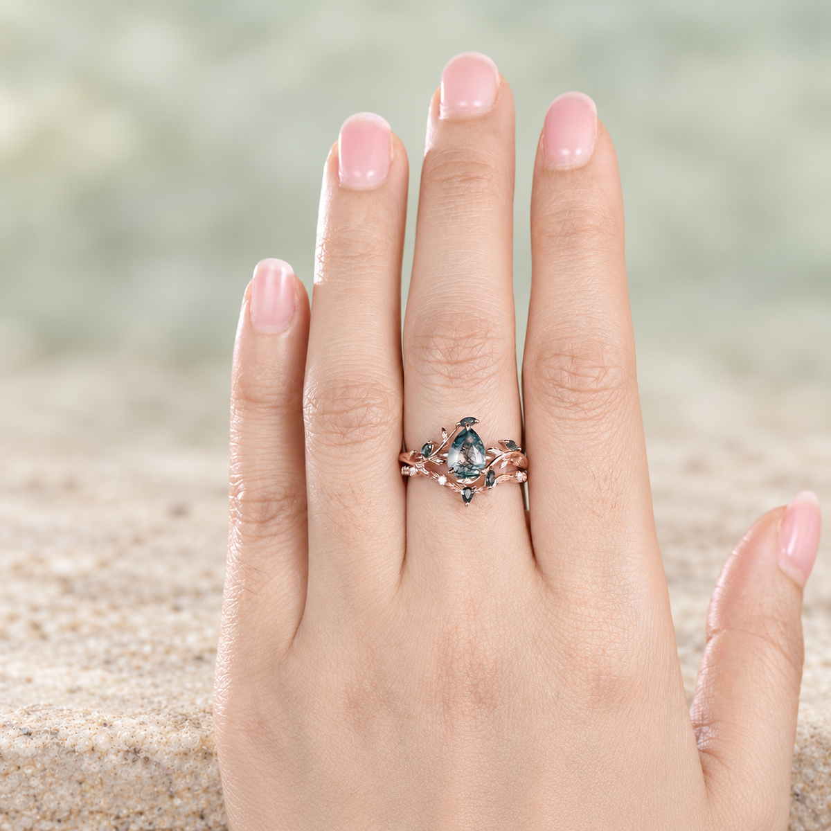 HERRINA Pear Moss Agate Leaf Bridal Ring Set, view 3