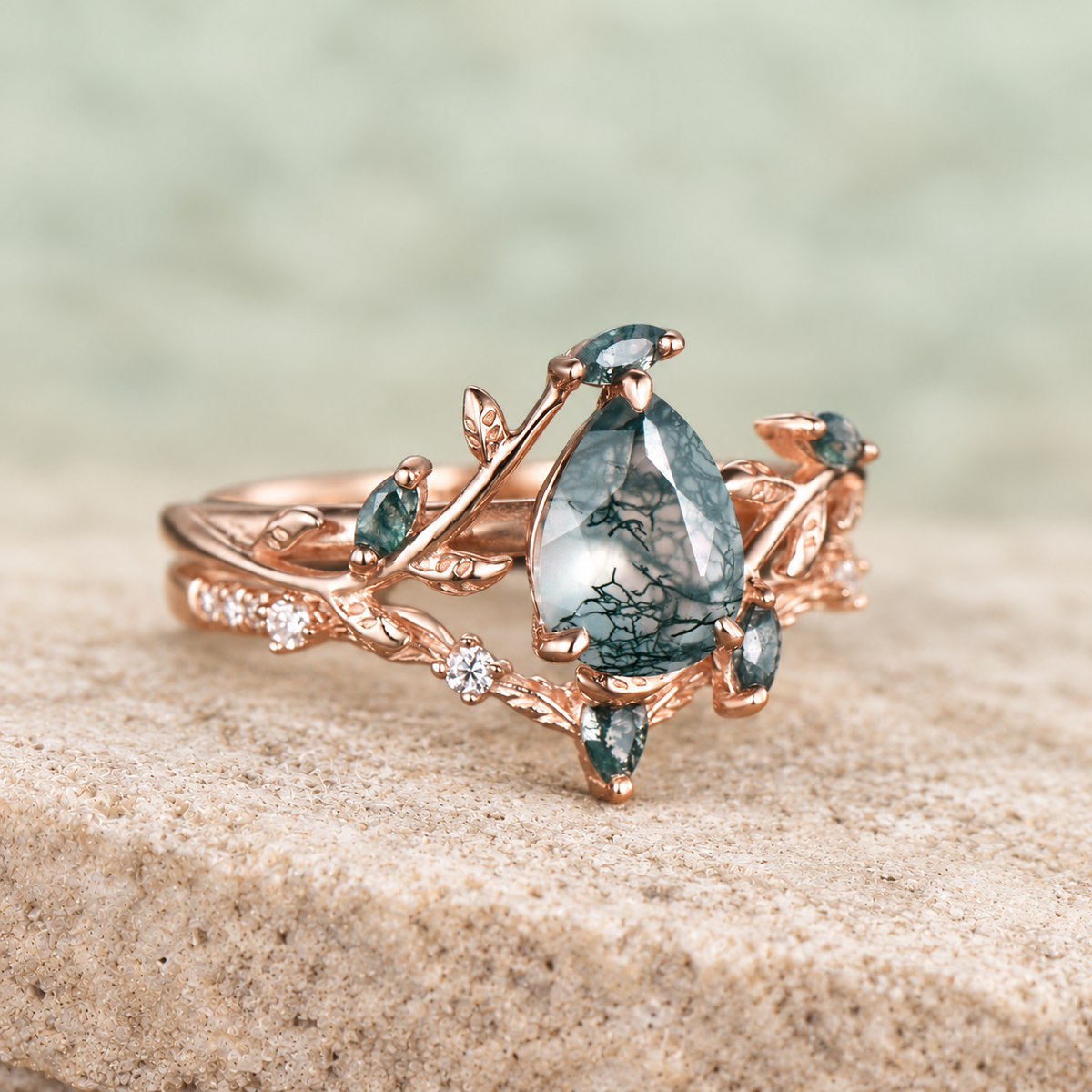 HERRINA Pear Moss Agate Leaf Bridal Ring Set, view 4
