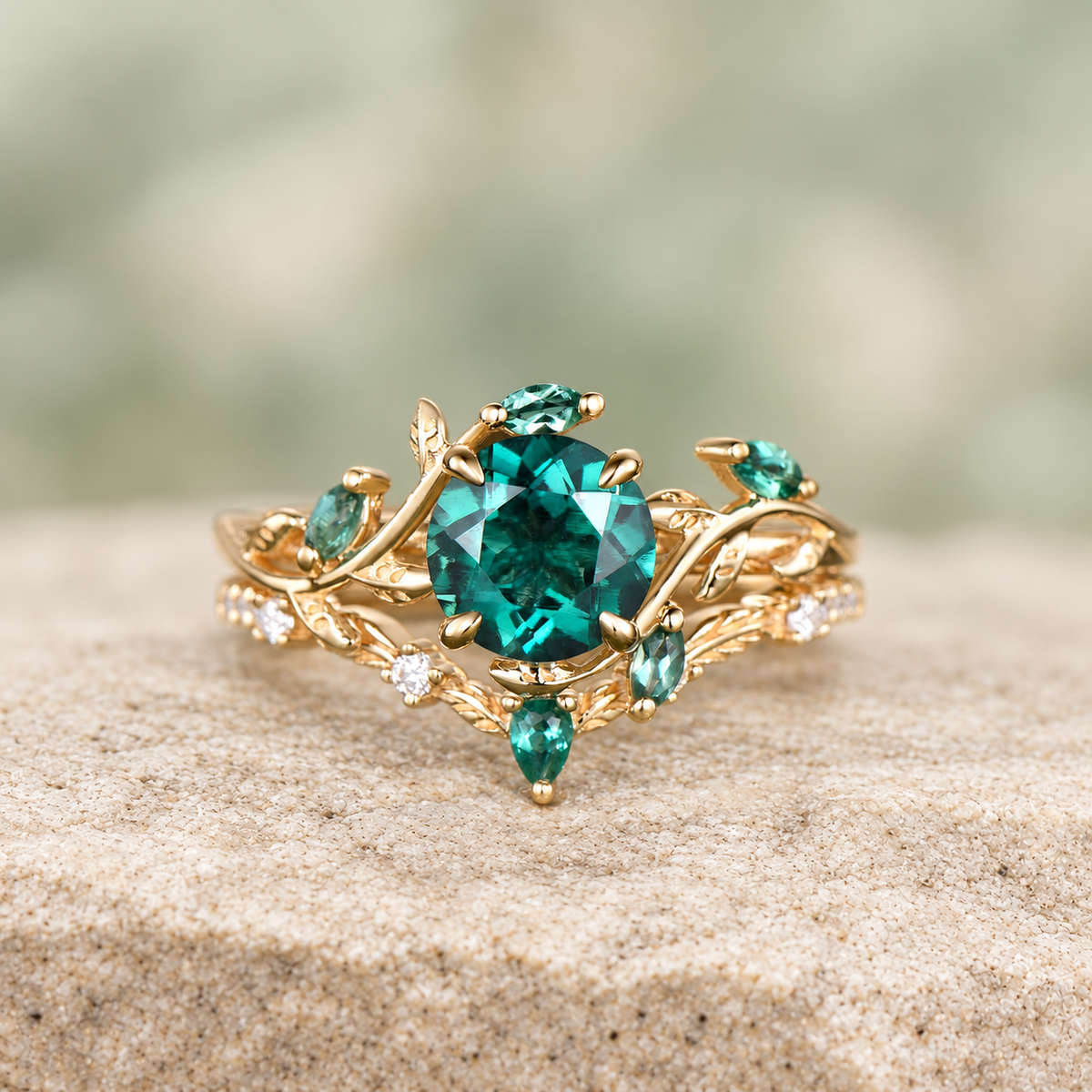 HERRINA Round Emerald Leaf Bridal Ring Set, view 1