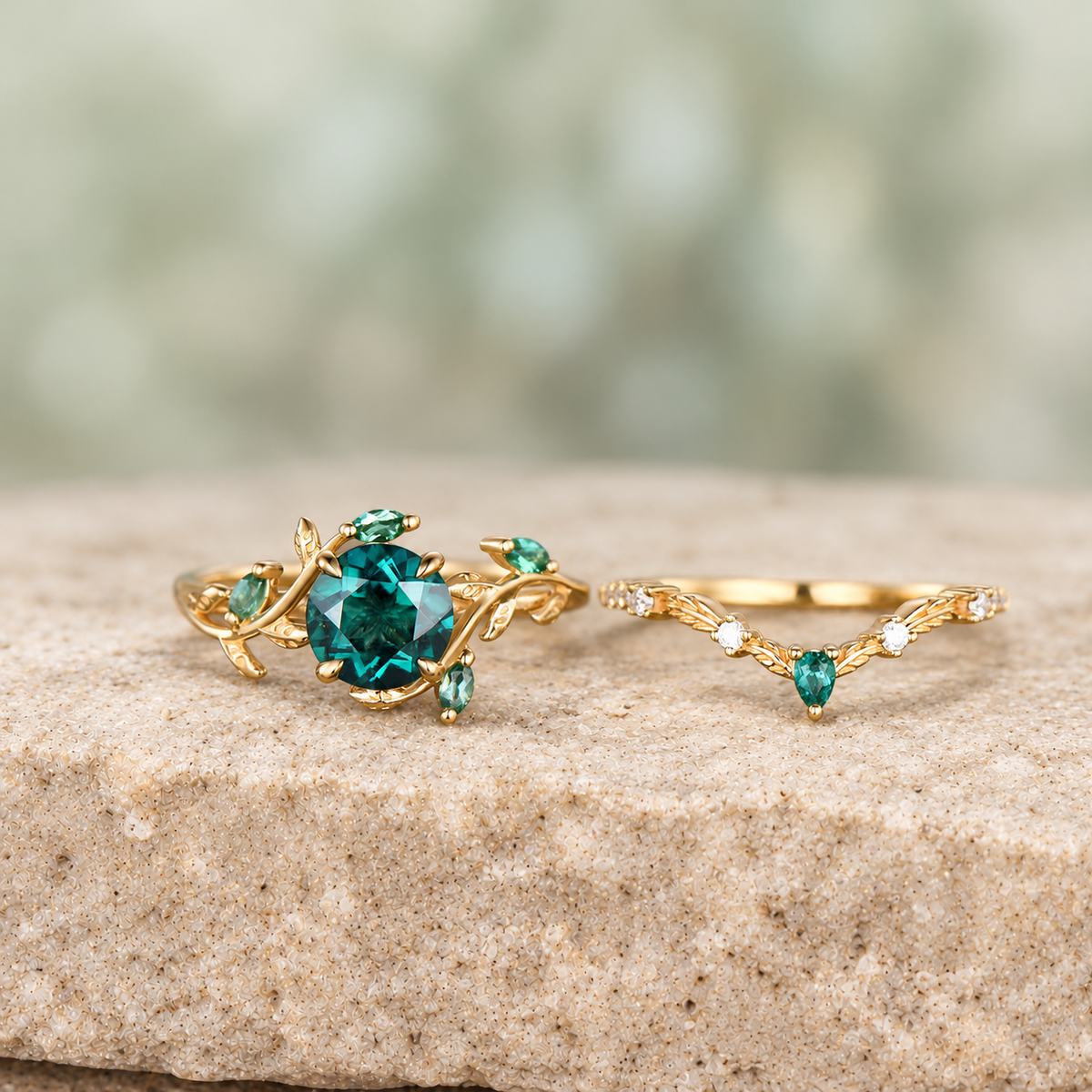 HERRINA Round Emerald Leaf Bridal Ring Set, view 2
