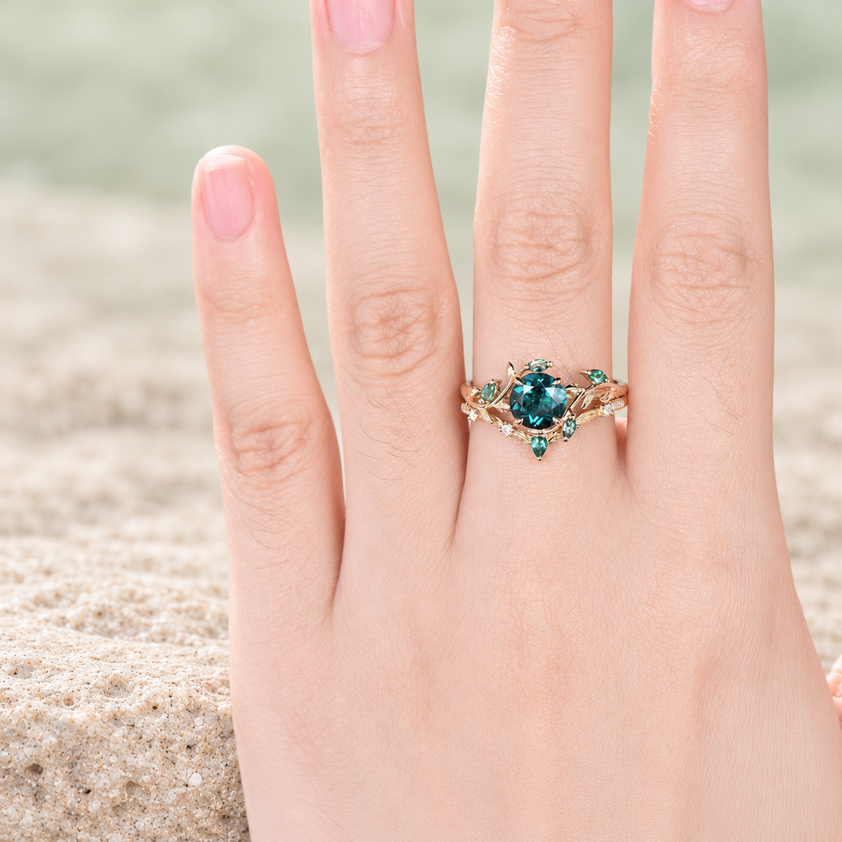 HERRINA Round Emerald Leaf Bridal Ring Set, view 3
