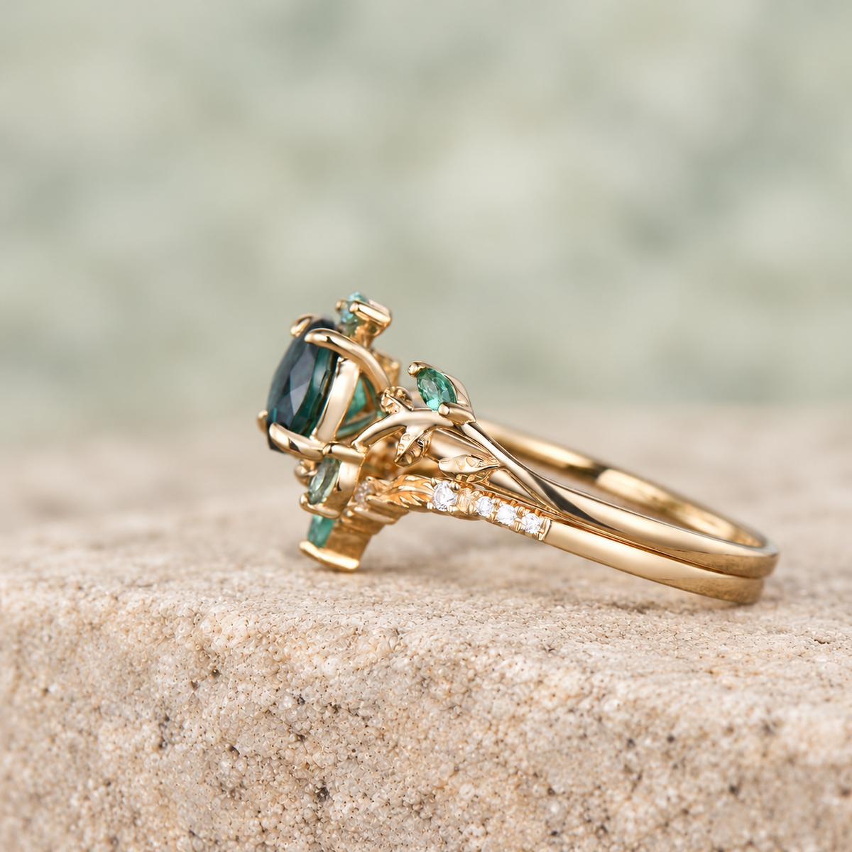 HERRINA Round Emerald Leaf Bridal Ring Set, view 4