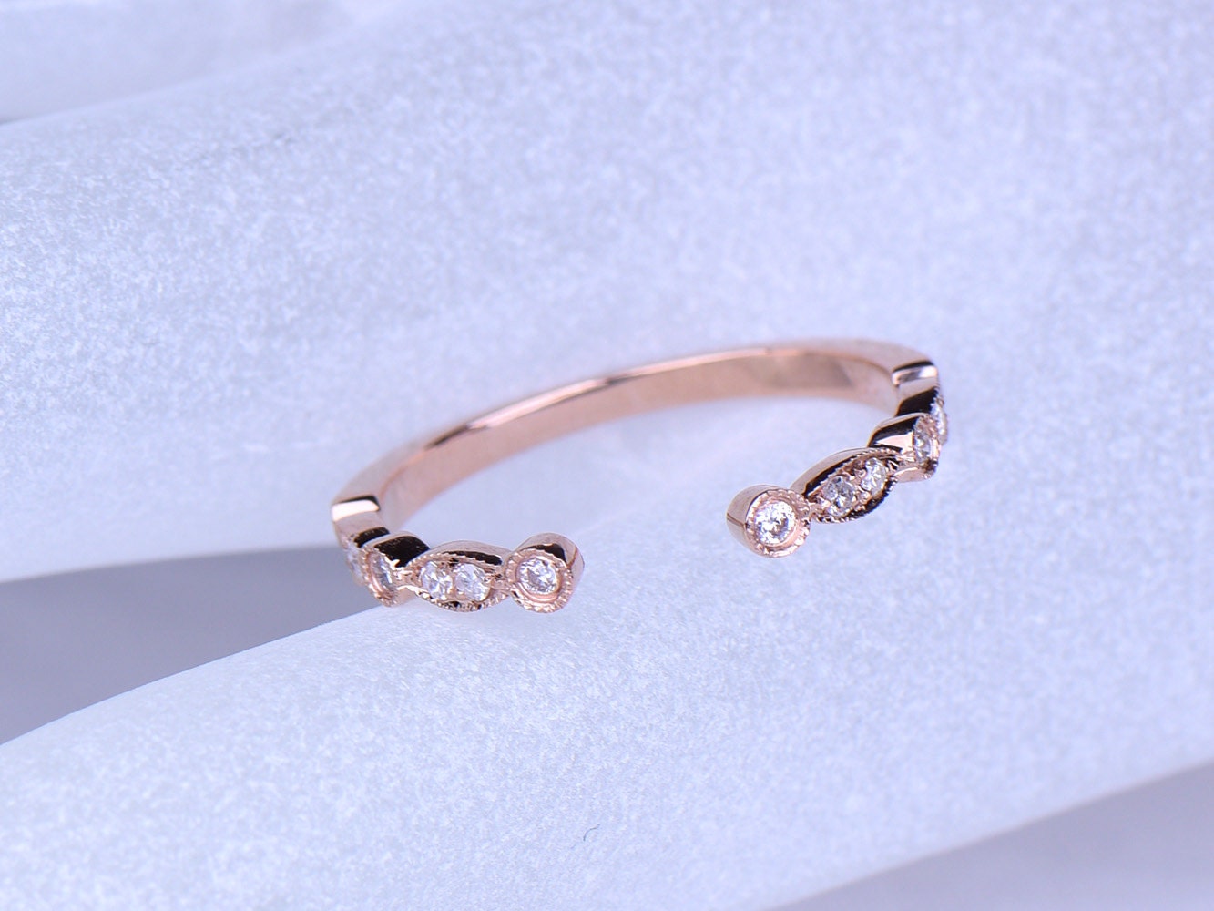 Diamond ring diamond wedding band open gap stacking matching band 14k rose gold ring Marquise set Milgrain style ring promise ring