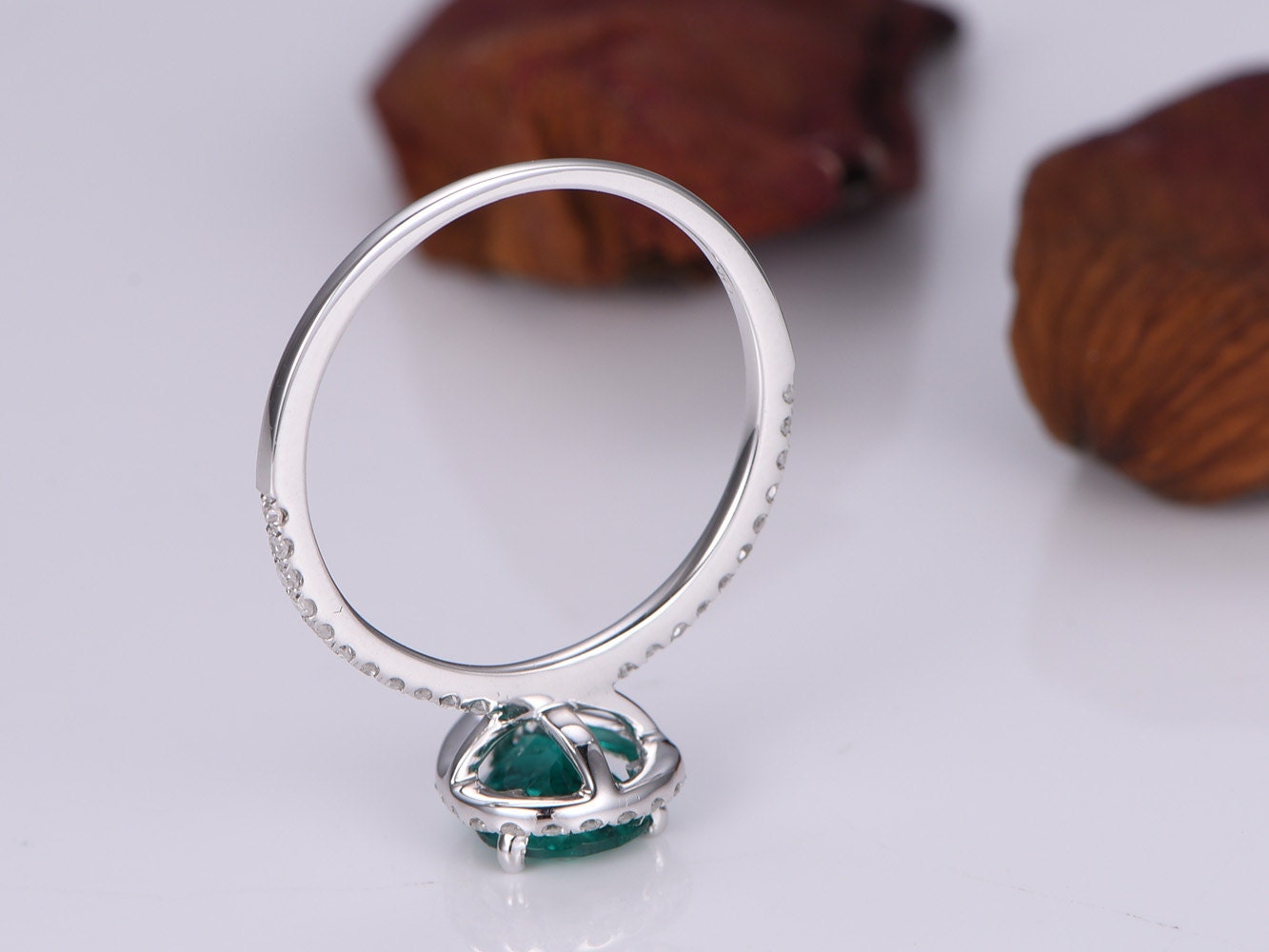 Emerald ring 6x8mm pear cut emerald engagement ring lab gemstone ring diamond ring promise ring anniversary ring solid 14k white gold