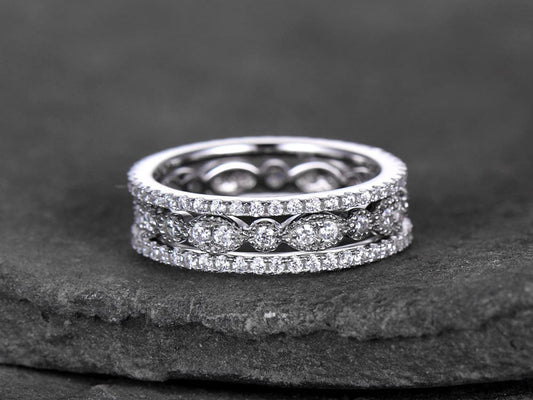 Sterling silver ring SET/Cubic Zirconia wedding band/CZ wedding ring/stack ring/3PCS Matching band/Full eternity ring/White gold plated