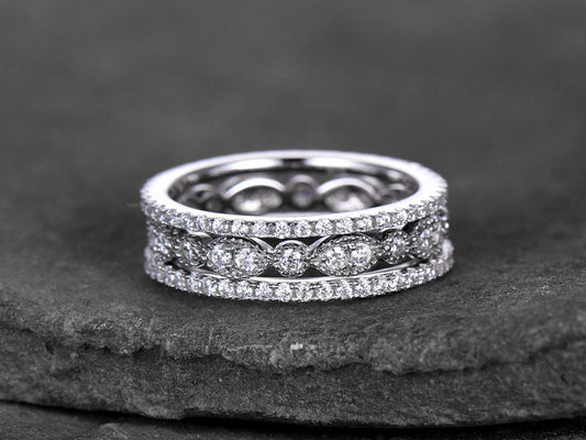 Sterling silver ring SET/Cubic Zirconia wedding band/CZ wedding ring/stack ring/3PCS Matching band/Full eternity ring/White gold plated