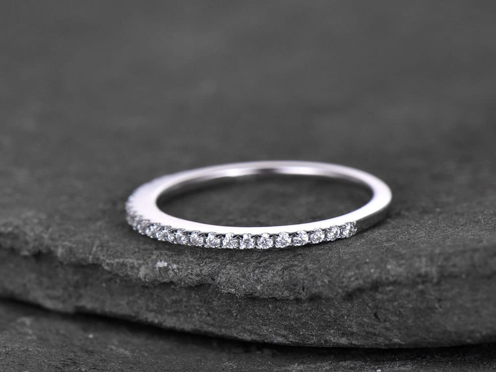 Sterling silver ring/Cubic Zirconia wedding band/CZ wedding ring/stack ring/Thin Matching band/Half eternity ring/White gold plated