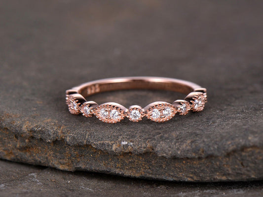 Sterling silver ring/Cubic Zirconia wedding band/CZ wedding ring/stack ring/Art Deco Matching band/Half eternity ring/Rose gold plated