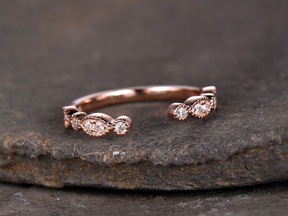 Sterling silver ring/Cubic Zirconia wedding band/CZ wedding ring/stack ring/Open Art Deco Matching band/Half eternity ring/Rose gold plated