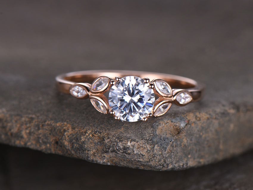 Sterling silver ring/Round cut Cubic Zirconia engagement ring/CZ wedding ring/Three flower marquise/promise ring/Xmas gift/Rose gold plated