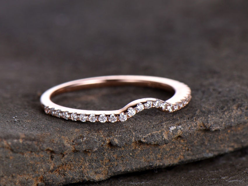 Sterling silver ring/Cubic Zirconia wedding band/CZ wedding ring/stackable ring/Matching band/rose gold plated/Curved half moon gap ring