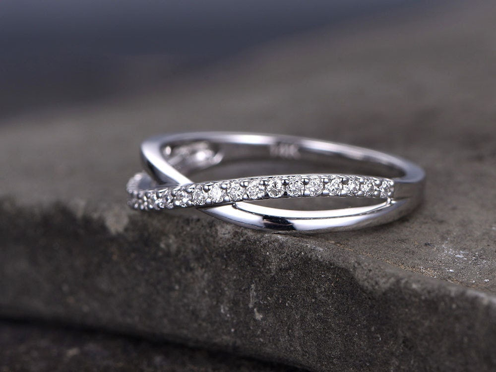 Infinity Sterling silver ring/Cubic Zirconia wedding band/CZ wedding ring/stackable ring/Matching band/Gift/Split shank/White gold plated