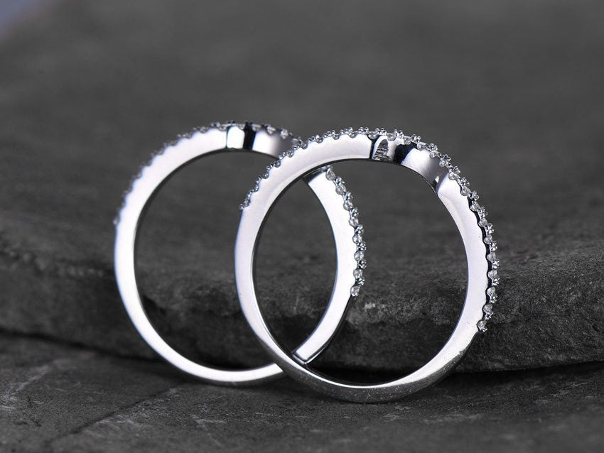 Sterling silver ring for women/Cubic Zirconia wedding band/CZ wedding ring/stackable ring/Matching band/Xmas gift/2pcs half moon gap ring