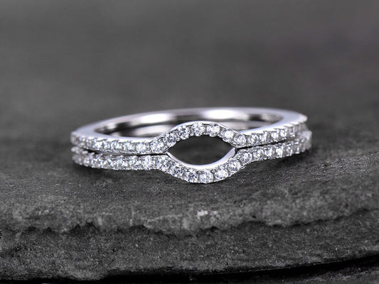 Sterling silver ring for women/Cubic Zirconia wedding band/CZ wedding ring/stackable ring/Matching band/Xmas gift/2pcs half moon gap ring