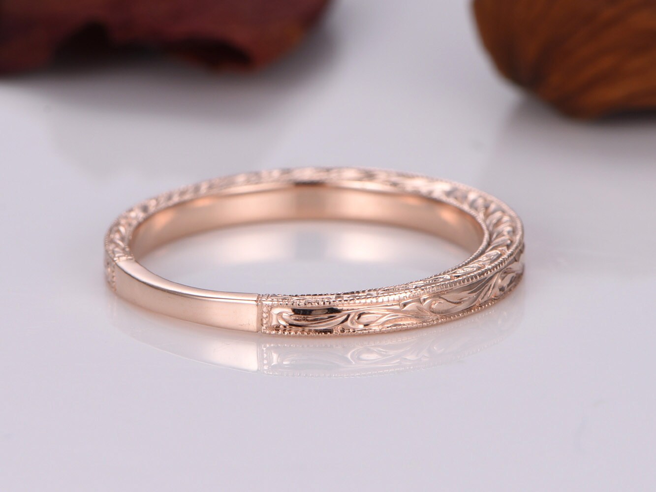 14k Plain Gold Ring,14k rose gold,Filigree Milgrain Edge,Floral Design,Wedding Ring,Wedding Band,Anniversary Ring,Retro Vintage