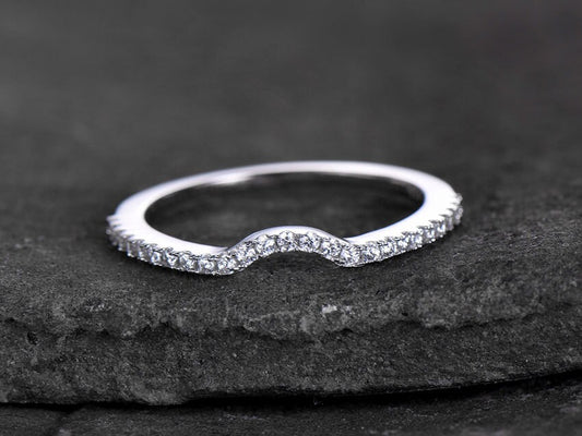 Sterling silver ring/Cubic Zirconia wedding band/CZ wedding ring/stackable ring/Matching band/white gold plated/Curved half moon gap ring