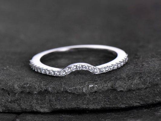 Sterling silver ring/Cubic Zirconia wedding band/CZ wedding ring/stackable ring/Matching band/white gold plated/Curved half moon gap ring