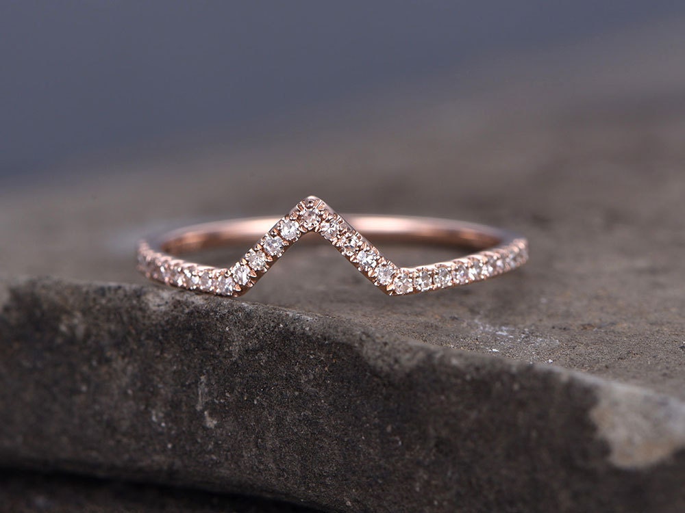 Sterling silver ring/Cubic Zirconia wedding band/CZ wedding ring/stackable ring/Matching band/rose gold plated/Curved Sharp V shape gap ring