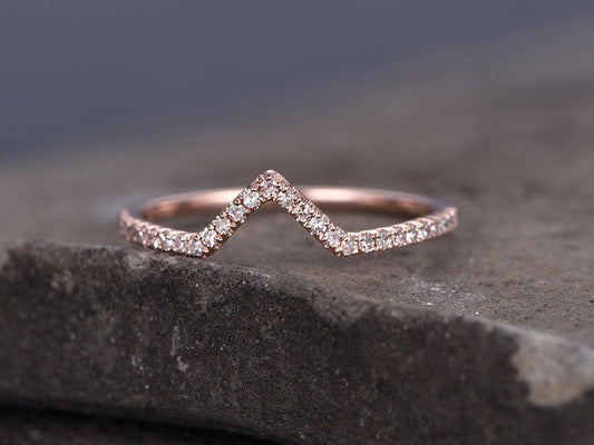 Sterling silver ring/Cubic Zirconia wedding band/CZ wedding ring/stackable ring/Matching band/rose gold plated/Curved Sharp V shape gap ring