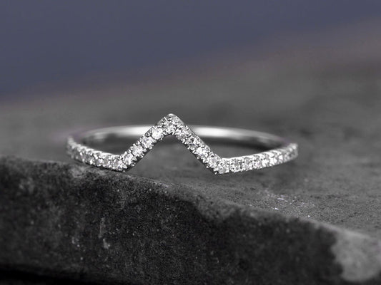 Sterling silver ring/Cubic Zirconia wedding band/CZ wedding ring/stackable ring/Matching band/white gold plated/Curved half V gap ring