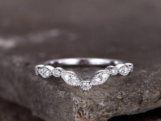 Sterling silver ring/Cubic Zirconia wedding band/CZ wedding ring/stackable ring/Matching band/marquise band/Curved Sharp V shape gap ring