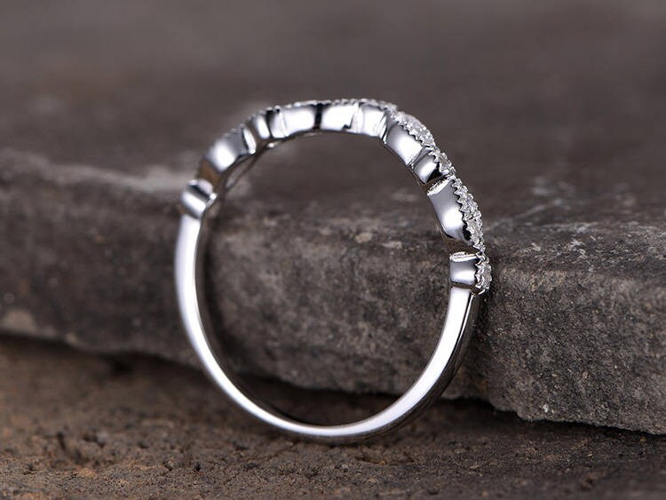 Sterling silver ring/Cubic Zirconia wedding band/CZ wedding ring/stackable ring/Matching band/marquise band/Curved Sharp V shape gap ring