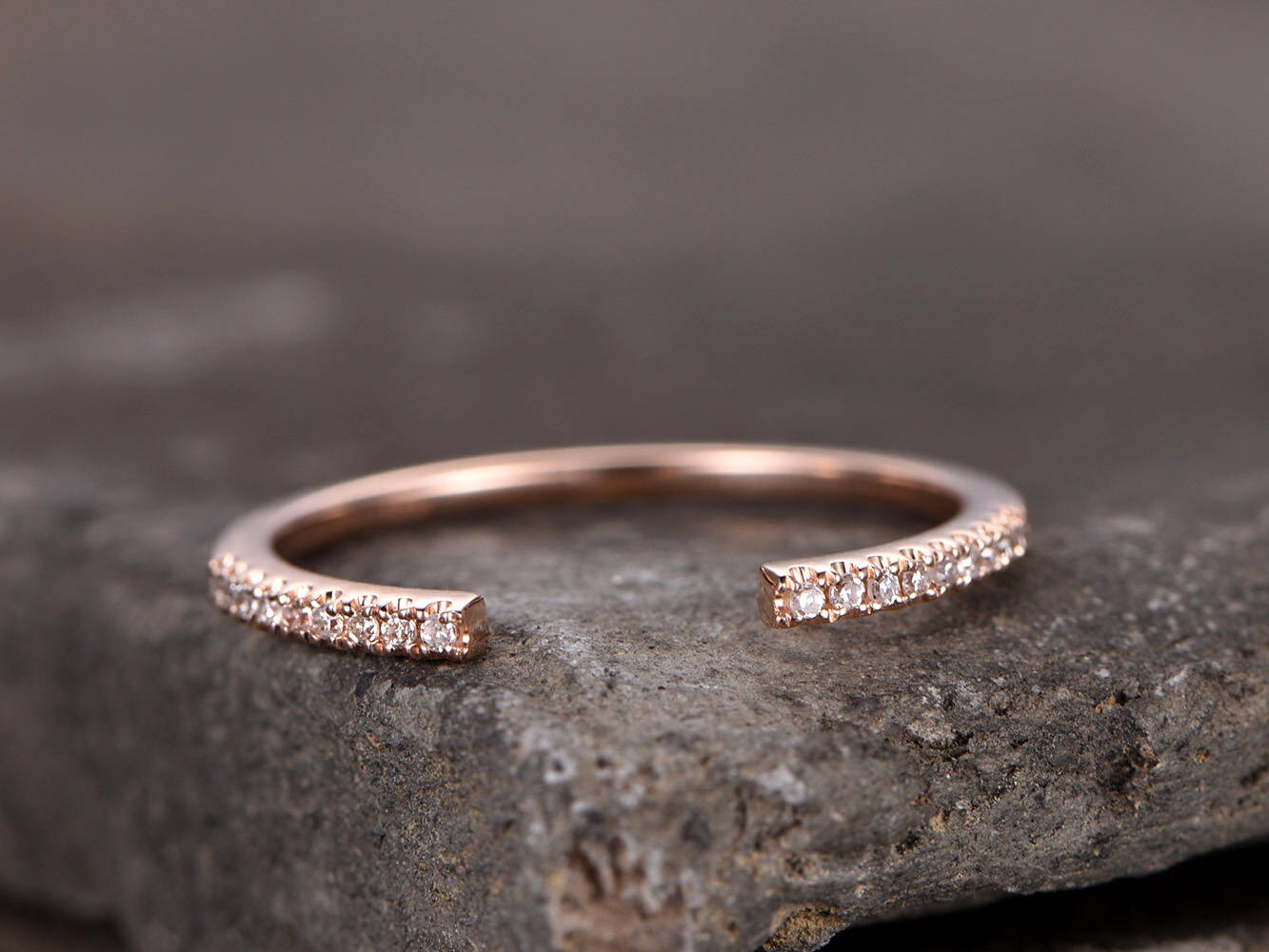 Sterling silver ring/Cubic Zirconia wedding band/open gap band//Art Deco Matching band/Half eternity ring/Rose gold plated/Petite Pave