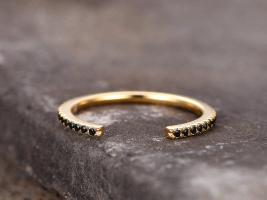 Black diamond wedding band,black CZ ring,Stacking Ring,Unique open band,matching band,Eternity band,yellow gold plated,in sterling silver