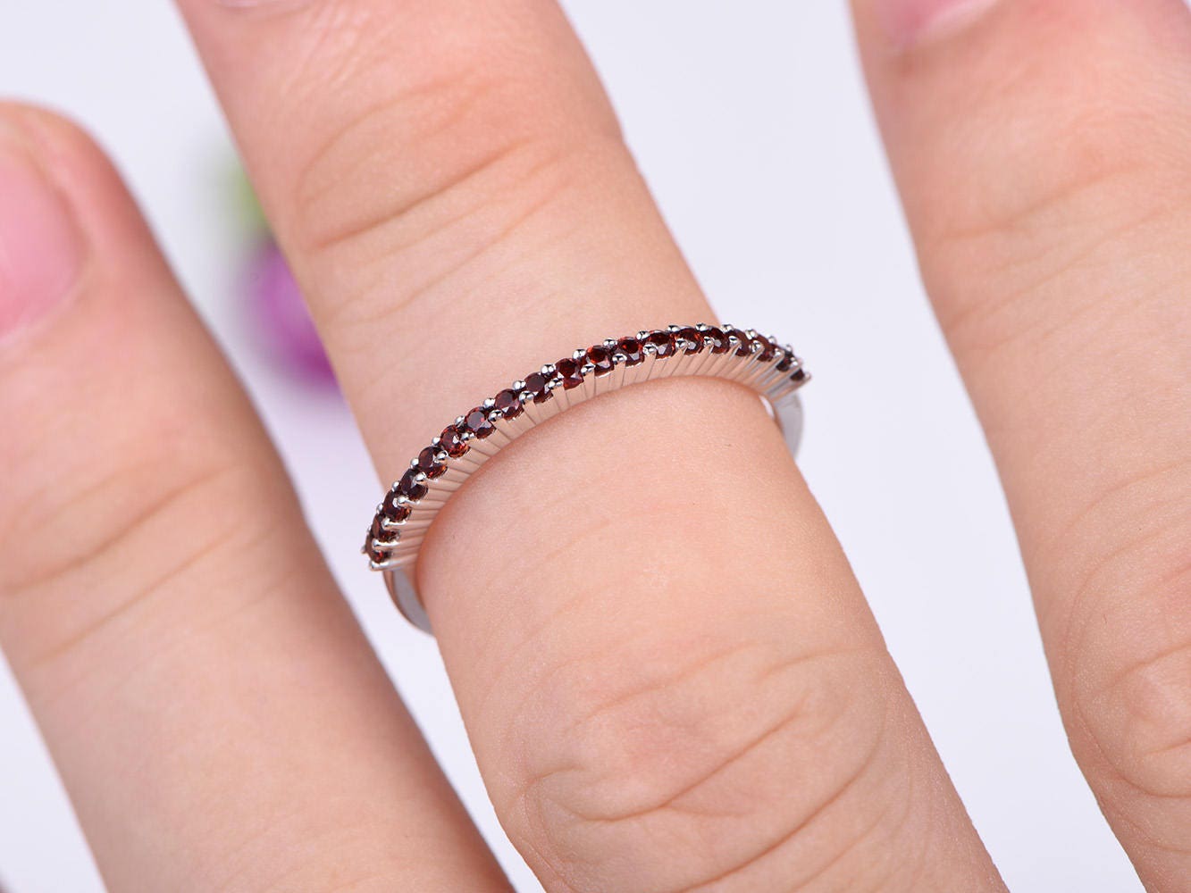 Garnet ring garnet wedding band matching band natural gemstone ring stacking ring prong set 14k white gold promise ring anniversary ring